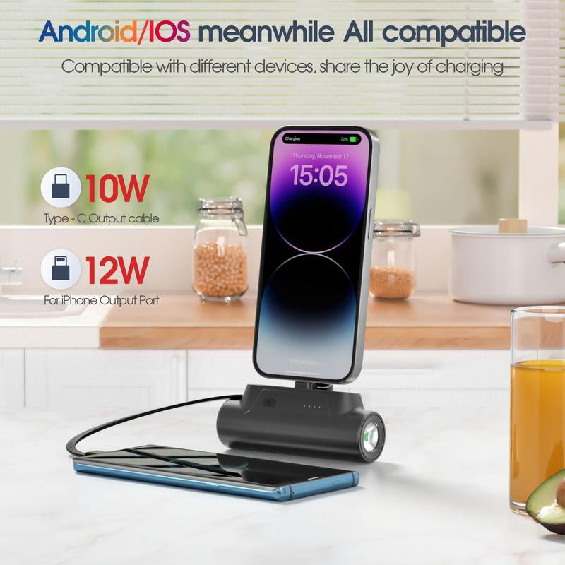 Portable Power Bank, 1 Count 5000Mah Mini Power Bank with Built-In USB-C Cable & Phone Holder, Fast Charging Power Bank for Iphone Samsung Android, Charger Connector, Battery Rechargeable, Electronics Accessories