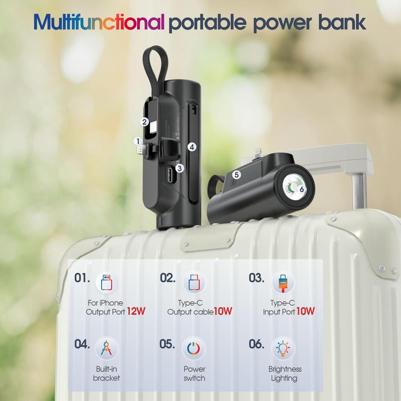 Portable Power Bank, 1 Count 5000Mah Mini Power Bank with Built-In USB-C Cable & Phone Holder, Fast Charging Power Bank for Iphone Samsung Android, Charger Connector, Battery Rechargeable, Electronics Accessories