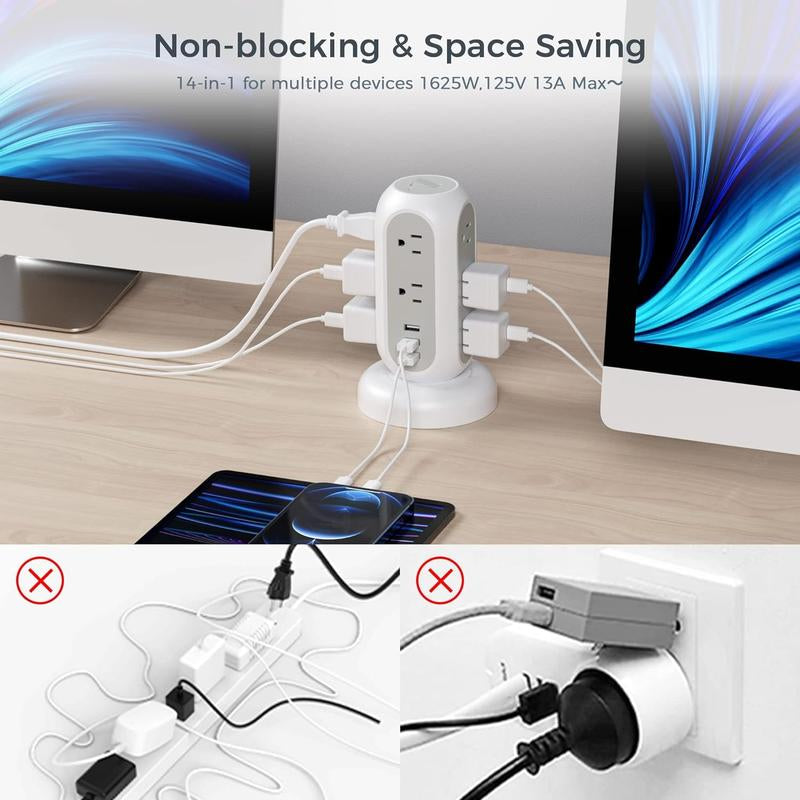 TESSAN Retractable Cord Tower Power Strip Extension Socket with USB C 11 Outlets & 3 USB Ports 1625W Surge Protector Protection for Home Office Dorm Room Essentials