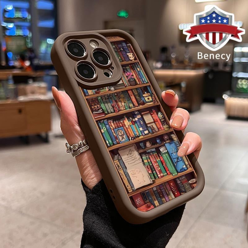 Cartoon Bookshelf Pattern TPU Phone Case for Iphone 17 Pro Max 16 15 14 plus 13 12 11 Air XR X XS plus Shockproof Non Slip Military-Grade Protective Silicone Cover