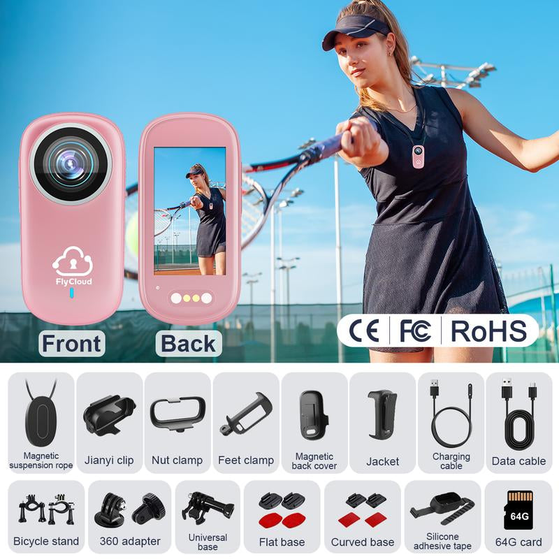 Flycloud One 4K Mini Camera for Waterproof, Anti-Shake, 3-4 Hours of Battery Life, Suitable for Pet, Travel, Adventure, and Meeting and Daily Recording