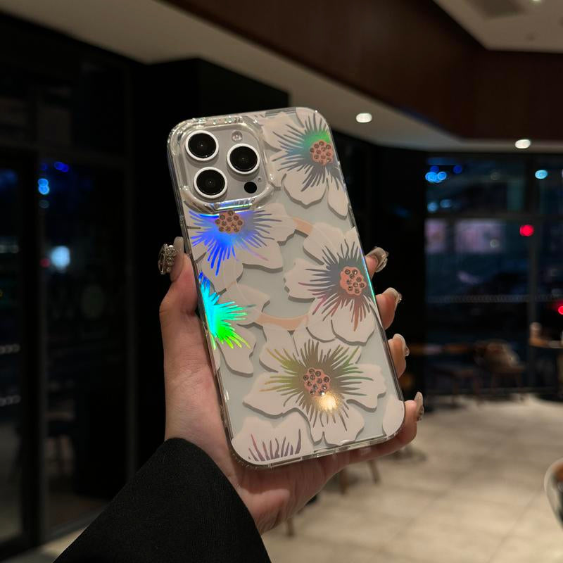 Flower Laser Simple Transparent Phone Case Supports Magnetic Attraction Nic Phone Case, Tuff Phone Cases Smartphone Protection Floral Protective Shockproof Casing