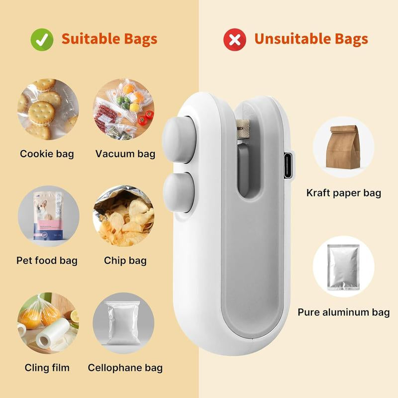 Snacks Mini Bag Sealer, Rechargeable 2 in 1 Bag Heat Sealer with Cutter for Chip , Plastic Bag Resealer Keep Food Fresh, Sellador De Bolsas Plasticas, White Bag Sealing Easy Sealing Bagsealers
