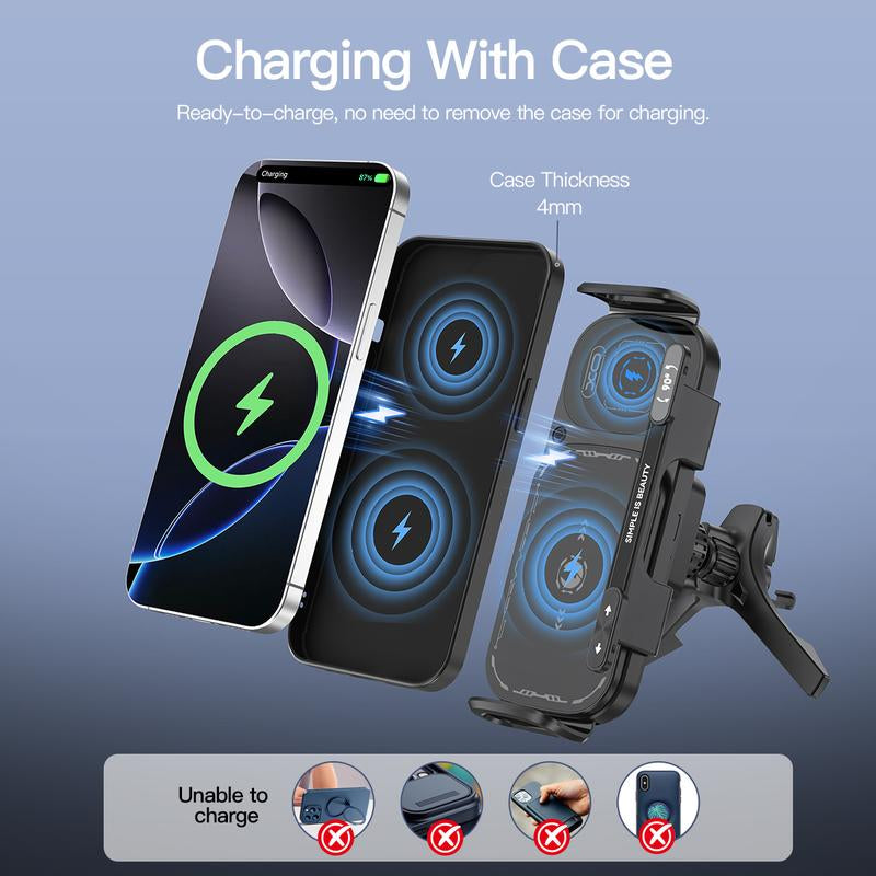 15W Wireless Fast-Charging Car Phone Mount for Foldable & Regular Smartphones, Super Stable Car Air Vent Phone Mount with Hook & Clip，One-Button 90° Rotation，One-Button Automatic Clamping，Compatible with Iphone, Samsung, Google and Other Smartphones