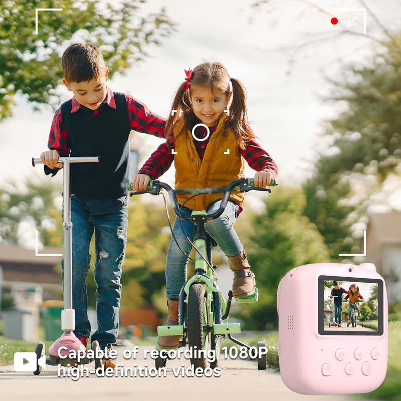 Kids Instant Print Camera (With 3 Rolls of Paper), 2.4" LCD Screen, Rechargeable 1080P Pocket Camera, 12MP Photos, Thermal Paper Printing (No Ink Needed), Birthday Gift for Boys & Girls, Portable Lens Camera, Mini Photography Kit, Tech Toy Pink