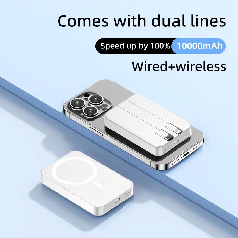 USB-C 10000Mah 20W Magnetic Mini Wireless Power Bank with Built-In Cord, Display, Wireless Charging, Compact Design, Magsafe Charger - Shell Smartphone Chargeable Magnetic Power Bank Power Bank Portable Charger Cable White