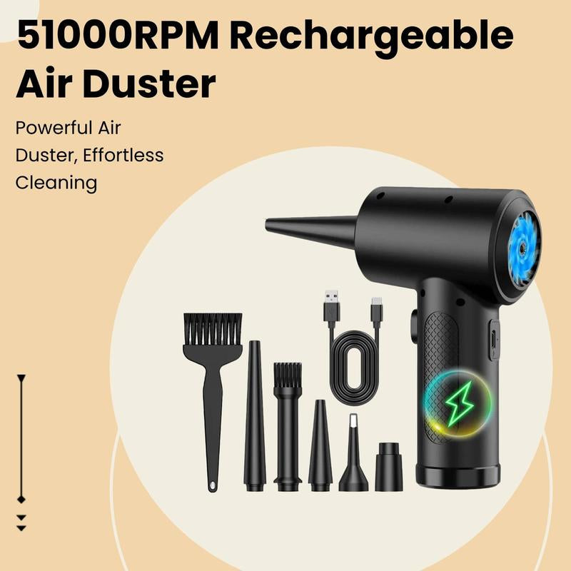 Compressed Air Duster, 1 Set 3-Gear 51000Rpm Electric Air Duster, Portable 4000Mah Rechargeable Cordless Air Blower with Led Light, Electronic Gadgets Home Cleaning Tool, Camera Cleaner