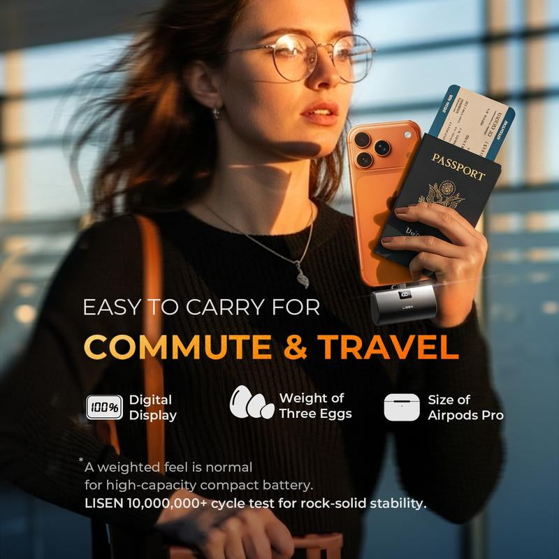 LISEN 7000mAh Portable Charger – USB-C Mini Power Bank for iPhone & Apple Watch, Travel-Friendly with Digital Display