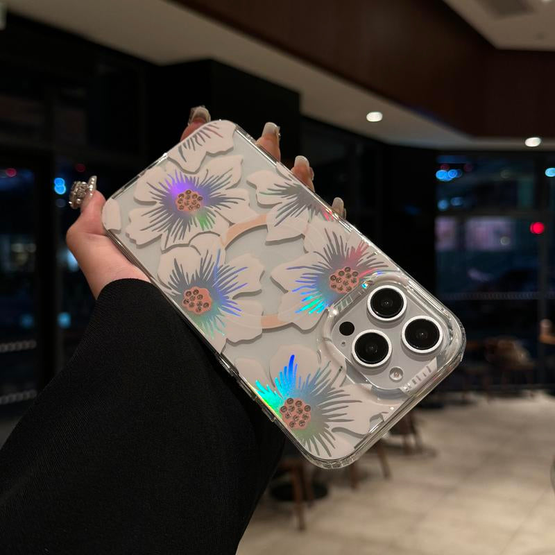 Flower Laser Simple Transparent Phone Case Supports Magnetic Attraction Nic Phone Case, Tuff Phone Cases Smartphone Protection Floral Protective Shockproof Casing