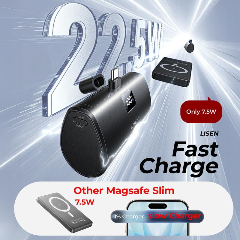 LISEN 7000mAh Portable Charger – USB-C Mini Power Bank for iPhone & Apple Watch, Travel-Friendly with Digital Display