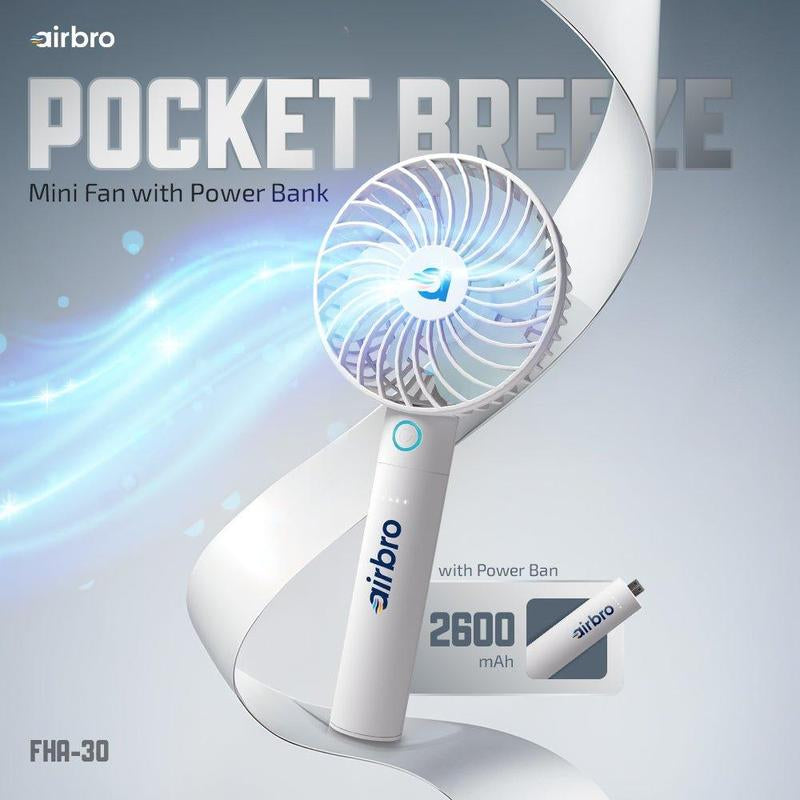 Airbro FHA-30 Handheld Portable Fan with 2600Mah Power Bank, 6-Blade Design, 3 Adjustable Speeds, and Charging Dock - Frosted White