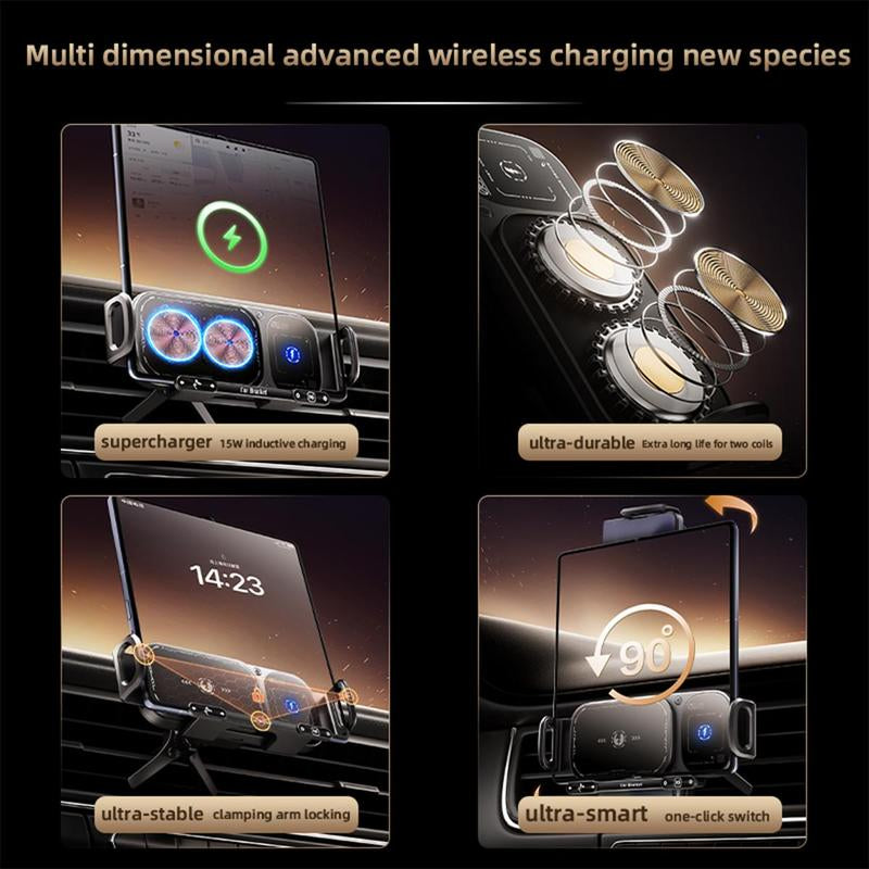 15W Wireless Fast-Charging Car Phone Mount for Foldable & Regular Smartphones, Super Stable Car Air Vent Phone Mount with Hook & Clip，One-Button 90° Rotation，One-Button Automatic Clamping，Compatible with Iphone, Samsung, Google and Other Smartphones